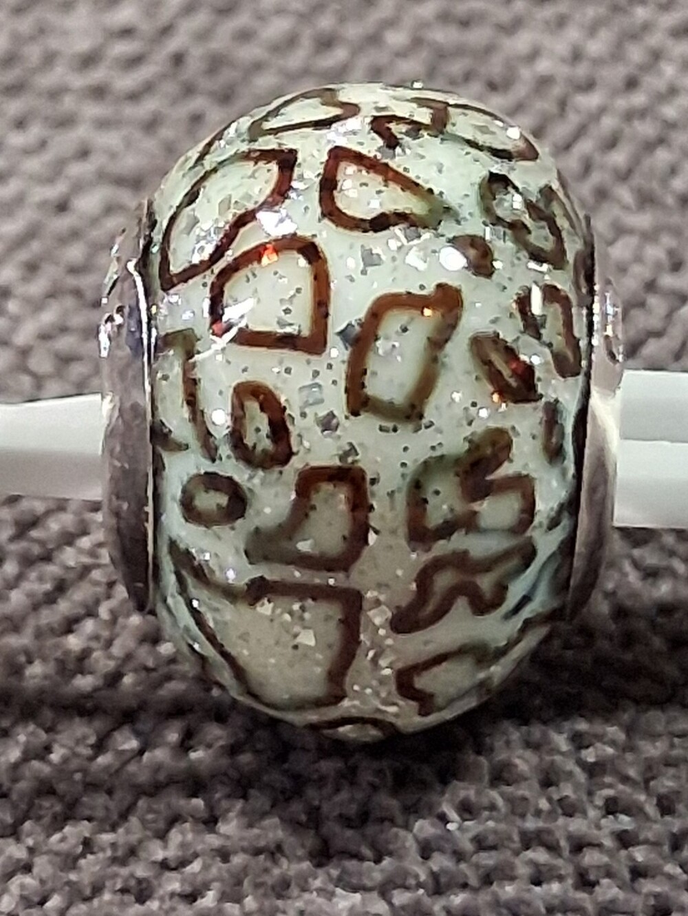 Persona 925 Sterling Silver Murano Glass Leopard Print White Brown Bead Charm VG